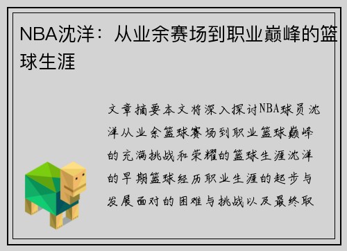 NBA沈洋：从业余赛场到职业巅峰的篮球生涯